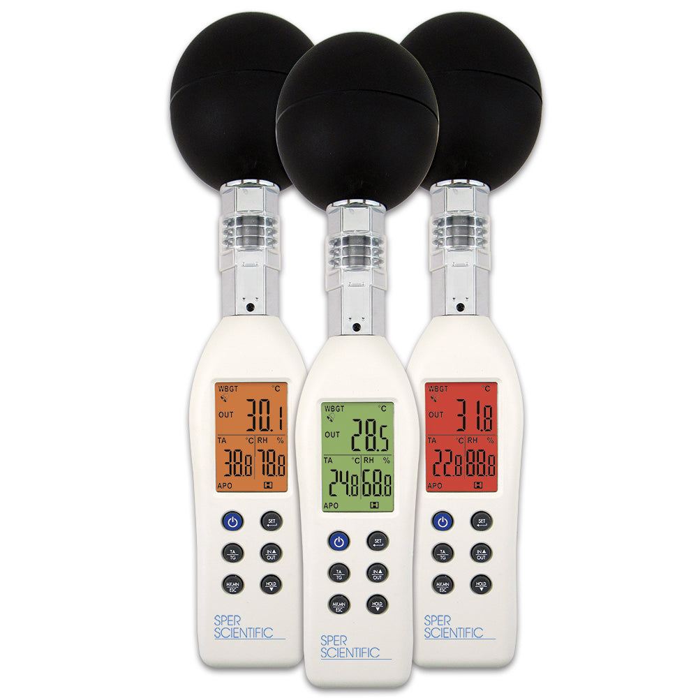 Three white and silver Sper Scientific WBGT heat stress meters with black globe sensors display varying red and green readings on their screens, arranged diagonally on a white background.
