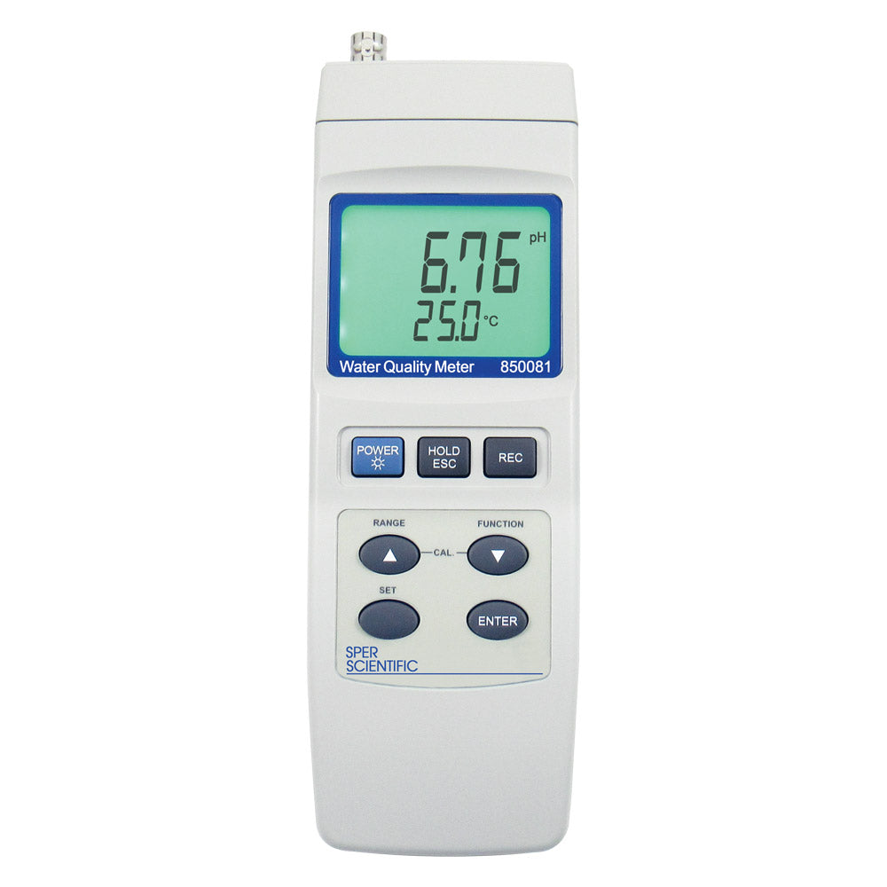 A white Sper Scientific handheld water quality meter with a green LCD showing 6.76 pH and 25.0 °C, and various gray control buttons.