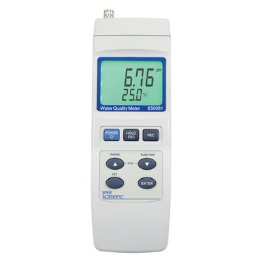 A white Sper Scientific handheld water quality meter with a green LCD showing 6.76 pH and 25.0 °C, and various gray control buttons.