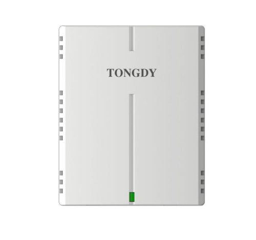 White carbon monoxide monitor by Tongdy with vertical recessed stripe and green indicator light.