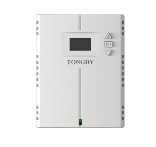 White carbon monoxide monitor and controller by Tongdy with an LCD screen and setting buttons.