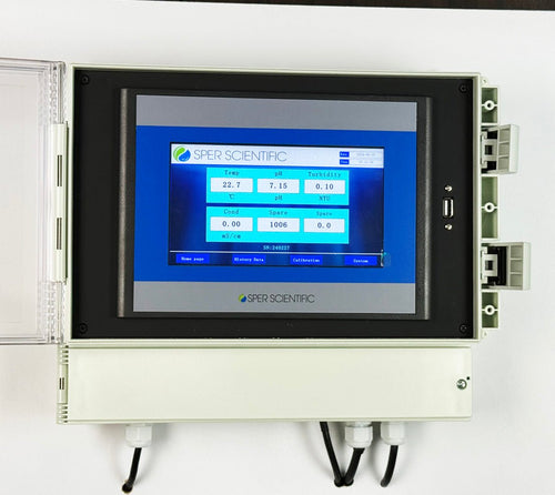 Online multi-parameter water quality analyzer by Sper Scientific showing digital display readings, and exterior USB port.