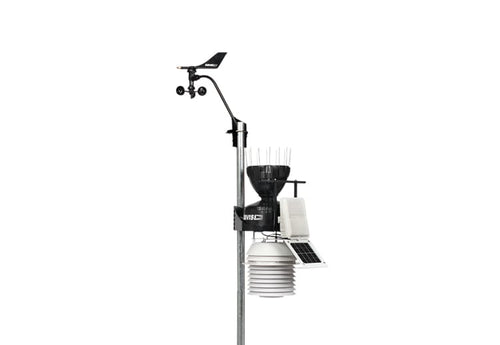 Weather station by Davis Instruments featuring an anemometer and solar radiation shield on a gray pole.