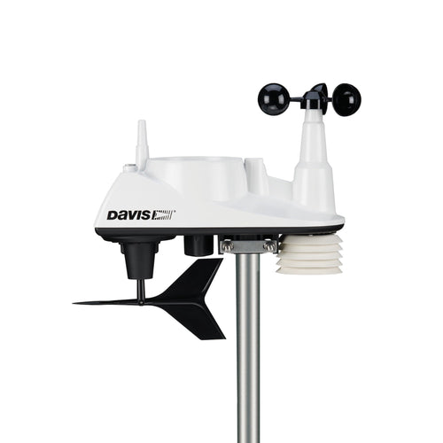 White integrated sensor suite weather station by Davis Instruments mounted on a silver pole against a white background.