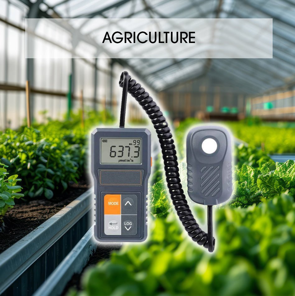 Digital PAR meter measuring light in a vibrant greenhouse, ideal for optimizing plant growth and agricultural productivity.