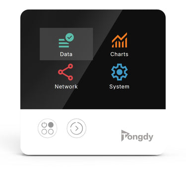 Modern white HVAC monitor with a touchscreen displaying data, charts, network, and system controls for efficient management.