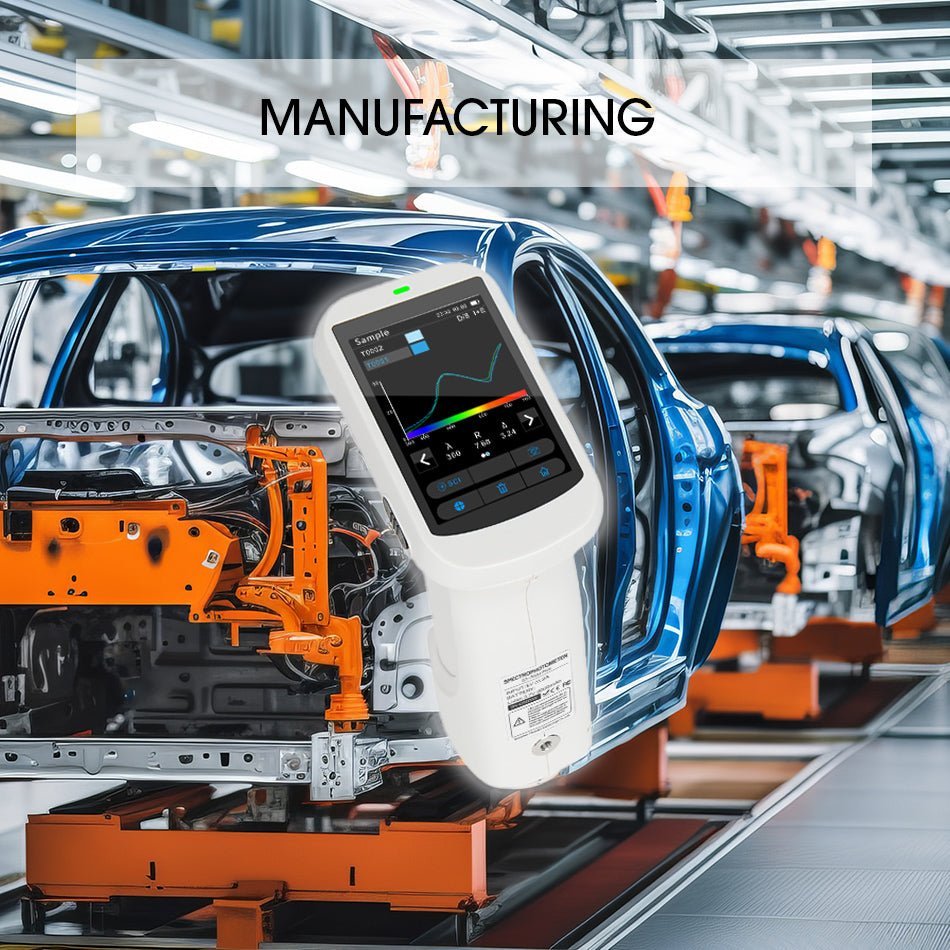 A spectrophotometer measures color quality on a blue car body in a high-tech manufacturing facility.