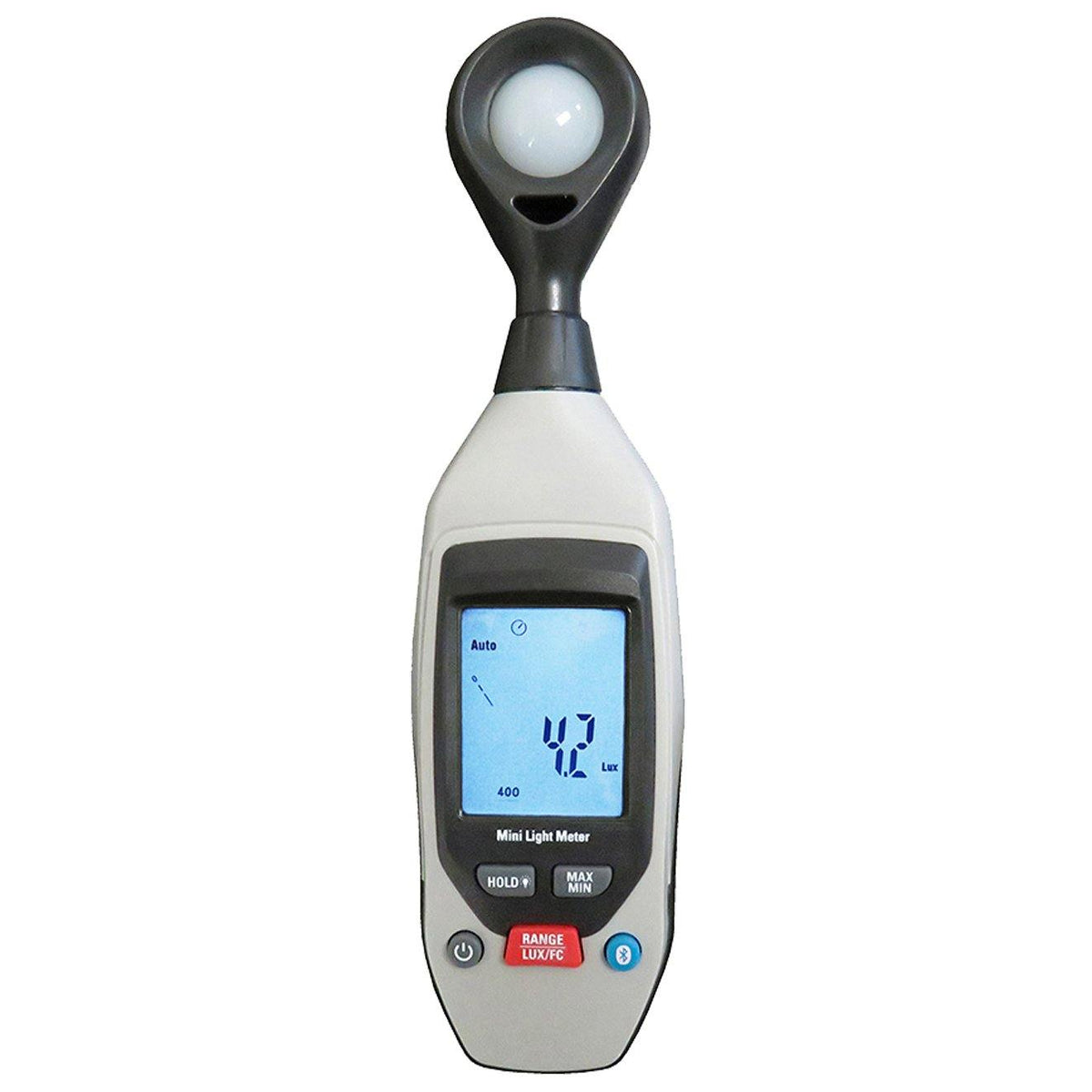 Sleek white and gray mini light meter with digital display, representing compact Bluetooth measurement tools.