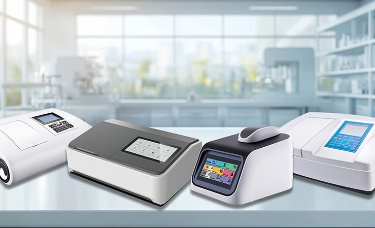 Four sleek UV/Visible spectrophotometers with digital displays in a modern lab, highlighting advanced analytical precision.