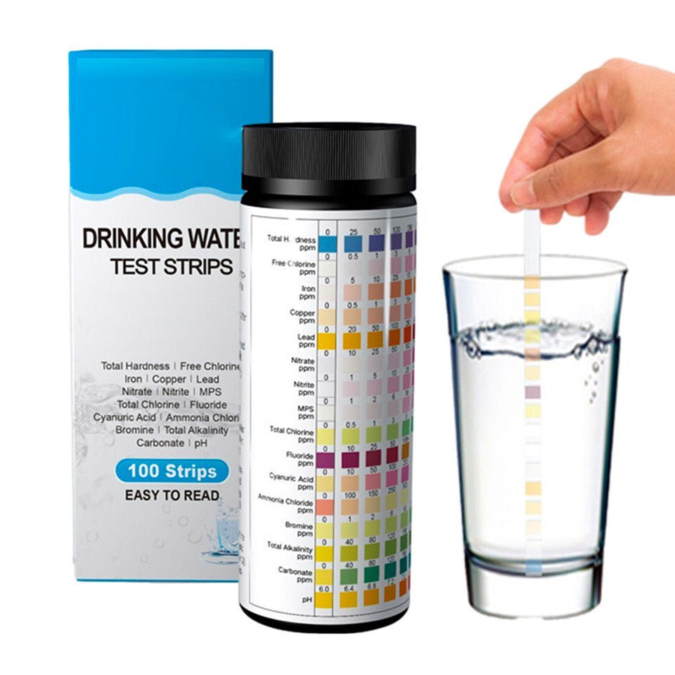 Quickly assess water purity with drinking water test strips and kits, demonstrating easy home quality testing.