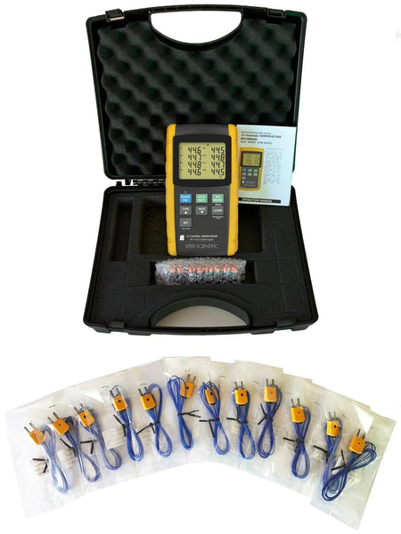 Digital thermometer with datalogger by Sper Scientific with probes and instruction manual in a black case.