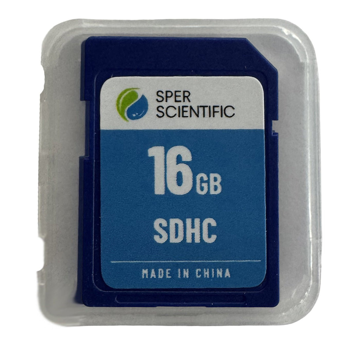 A 16GB SDHC memory card by Sper Scientific, shown inside its clear plastic protective packaging.