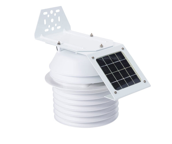 White fan-aspirated radiation shield by Davis Instruments with a solar panel attached.