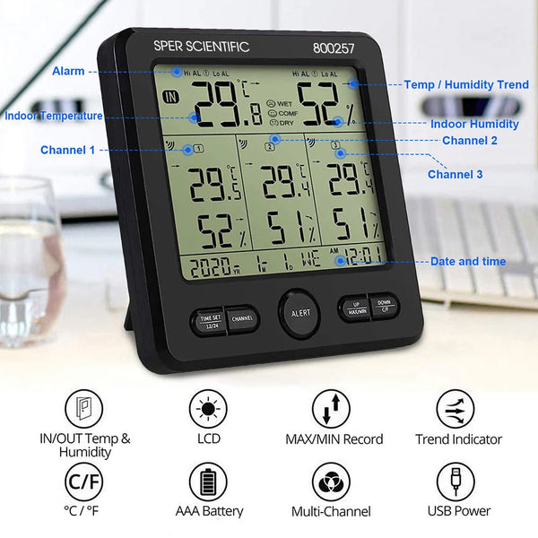 Sper Scientific multifunction monitor with a large LCD screen showing temperature, humidity in multiple channels.