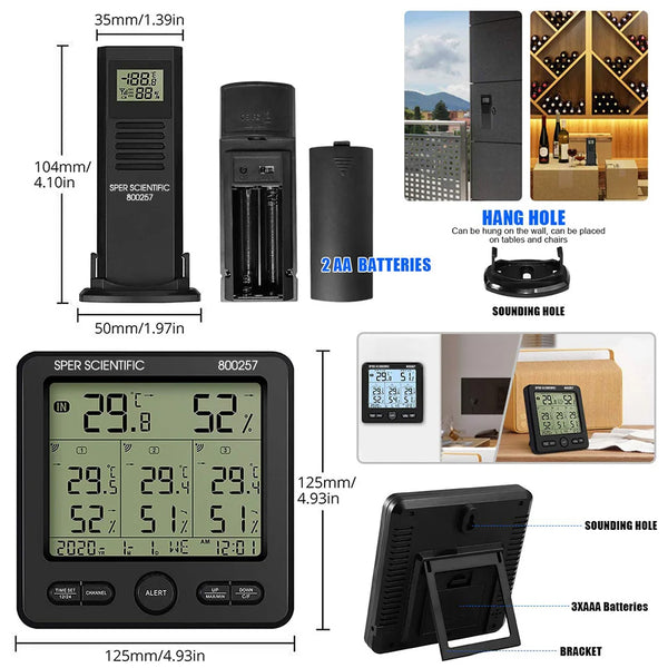 A product collage for the Sper Scientific 80057 digital hygrometer kit. The image shows the hygrometer and its charging/carrying dock, AA batteries, stand, dimension callouts and small lifestyle inset photos.
