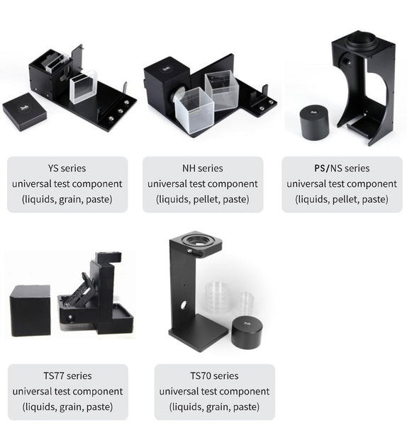 Black universal test component by 3nh, shown with test samples and containers.