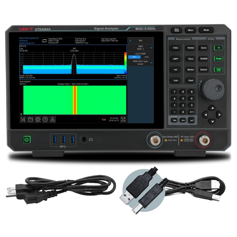 A black UNI-T signal analyzer with a large color display screen and control buttons on the right, shown on a white background with included cables below.