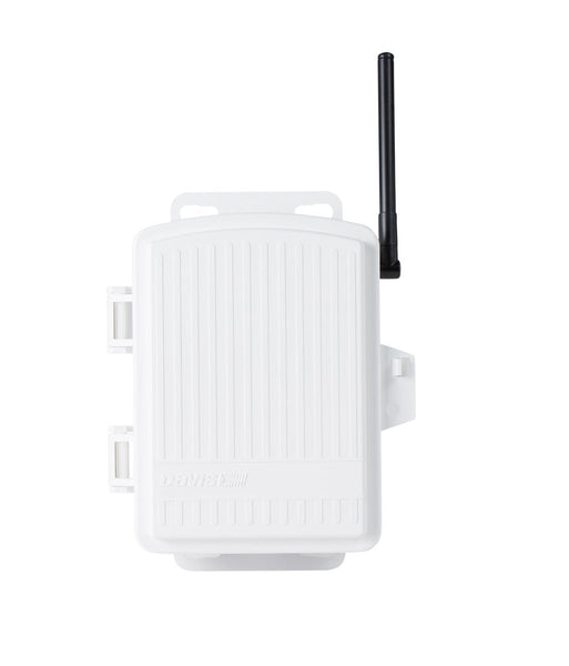 White wireless sensor transmitter by Davis Instruments with black antenna against a white background.