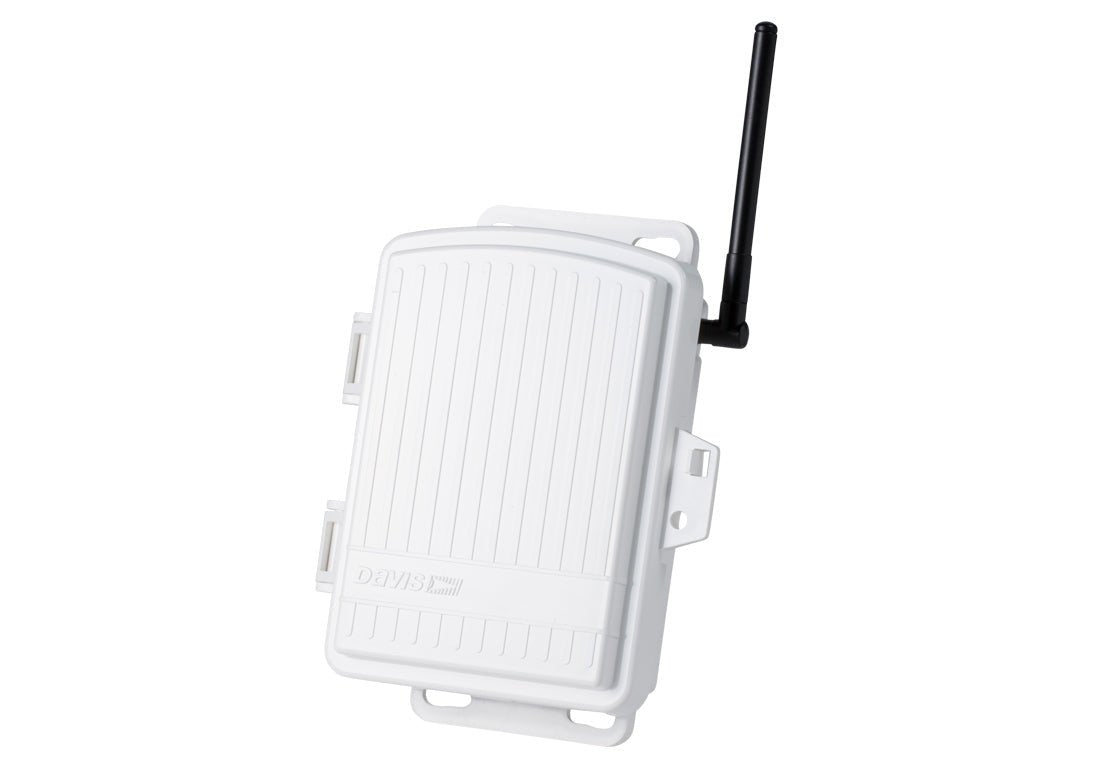 White wireless sensor transmitter by Davis Instruments featuring a black antenna on a white background.