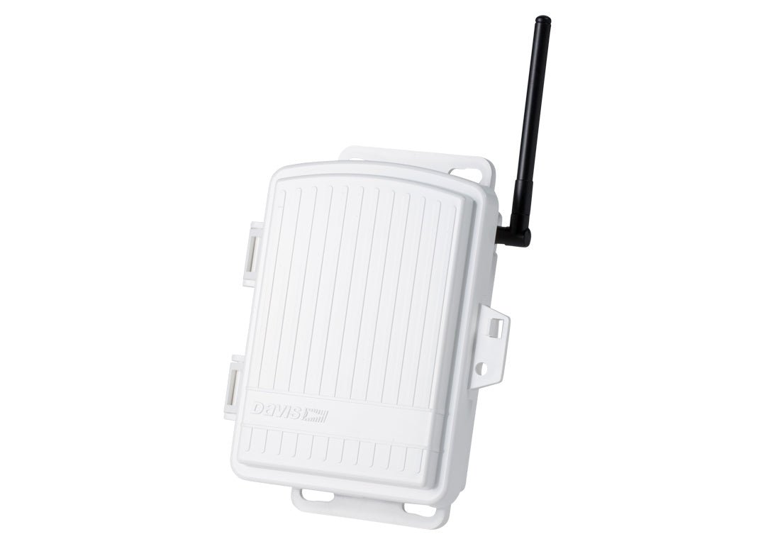 White wireless sensor transmitter by Davis Instruments featuring a black antenna on a white background.