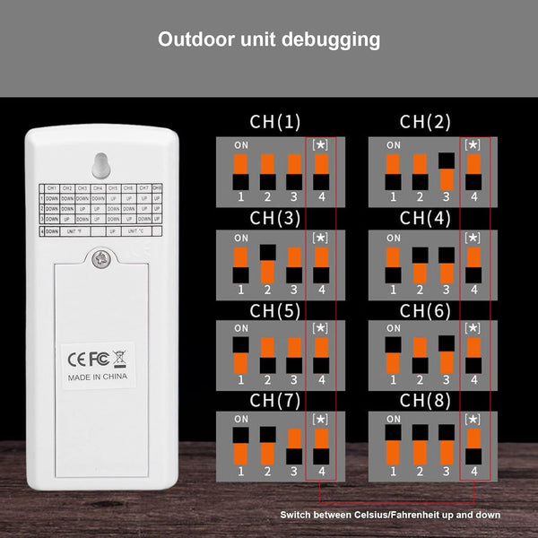 Additional remote sensor by Sper Scientific for a wireless temperature monitor, showing debugging switches and settings.
