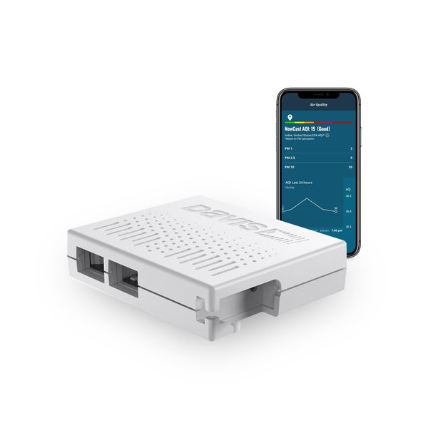 Air quality monitor by Davis Instruments with a smartphone displaying air quality index information.