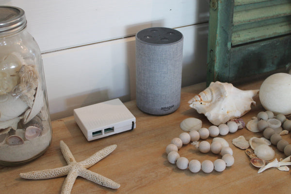 White AirLink Air Quality Monitor by Davis Instruments sitting near Alexa speaker, seashells, starfish, and bead necklace.
