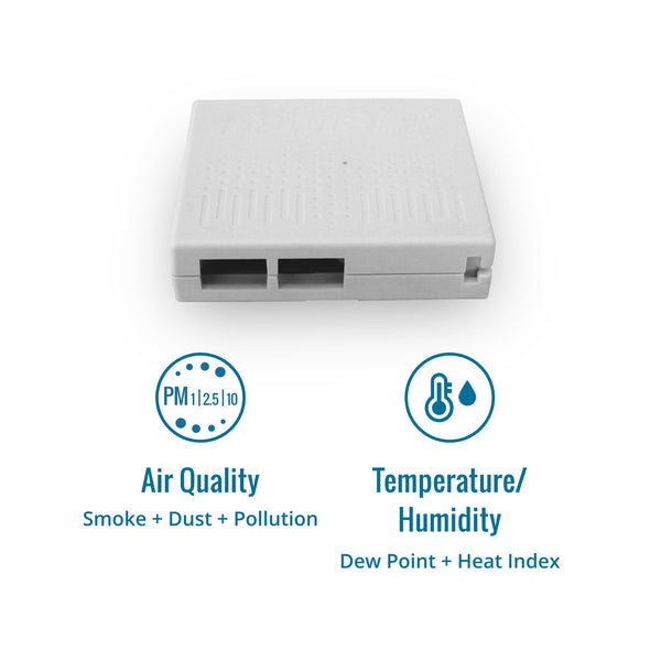 Air quality monitor by Davis Instruments with icons indicating measurement of smoke, dust, pollution, temperature, and humidity.
