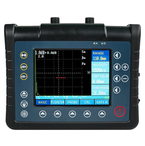 Digital ultrasonic flaw detector from BRK with a display showing signal readings and function buttons on a dark gray background.
