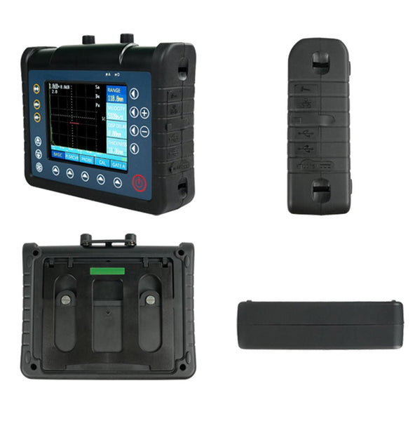 Digital ultrasonic flaw detector from BRK, displaying a graph with multiple function buttons, shown with three different views of its body.
