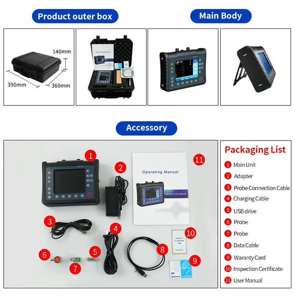 Digital ultrasonic flaw detector from BRK, with product outer box, main body, accessories, and packaging list details.