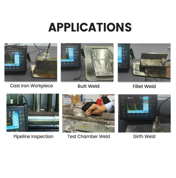 Digital ultrasonic flaw detector by BRK used in applications like cast iron workpiece, butt weld, and pipeline inspection.
