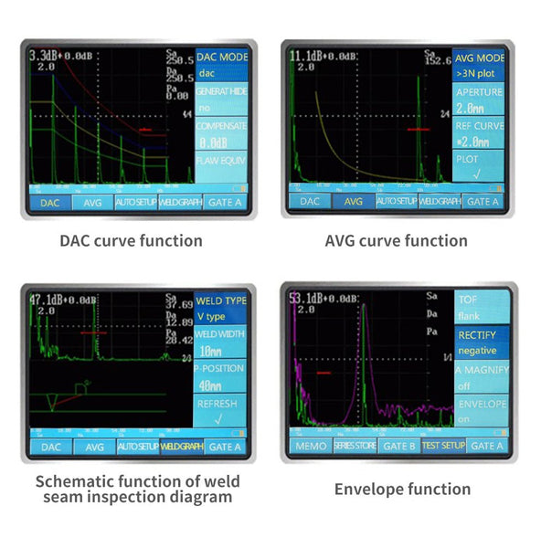 Ultrasonic flaw detector from BRK, displaying DAC and AVG curves, and weld seam inspection diagrams.