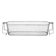 Stainless steel mesh bottom basket from Crest Ultrasonics with support rails on each side.