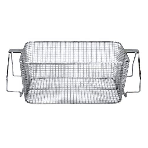 Metal mesh ultrasonic basket by Crest Ultrasonics with stainless steel drop handles.