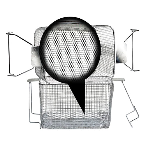 Perforated bottom basket from Crest Ultrasonics, featuring wire mesh construction and supporting metal arms.