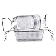 Perforated bottom ultrasonic basket by Crest Ultrasonics with silver finish and wire construction.