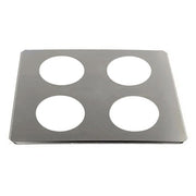 Stainless steel beaker cover by Crest Ultrasonics with four circular openings.
