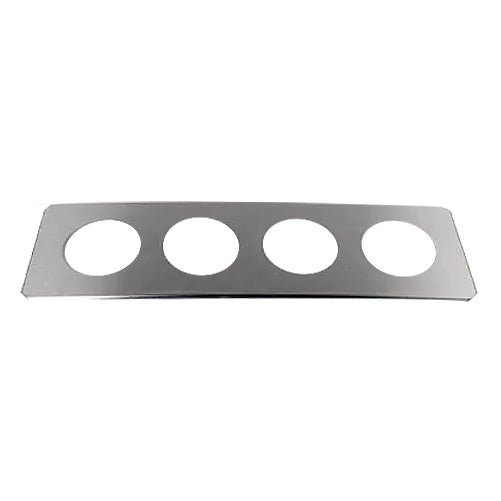 Stainless steel beaker cover by Crest Ultrasonics with four circular cutouts, seen at an angle.