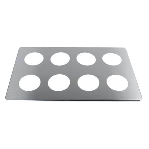Stainless steel beaker cover by Crest Ultrasonics with eight holes, overhead shot.