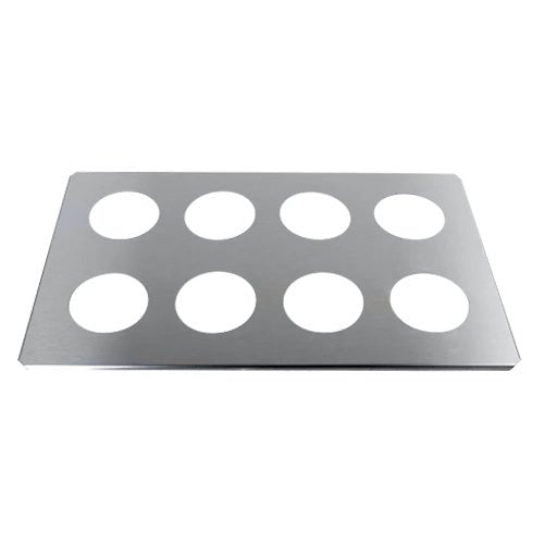 Stainless steel beaker cover by Crest Ultrasonics with eight holes, overhead shot.