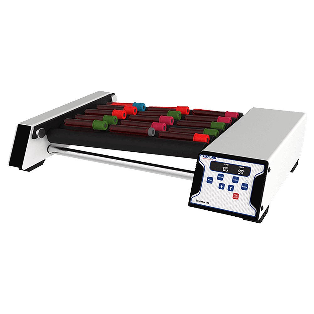 Digital tube roller by Oxford Lab Products with colorful capped test tubes.