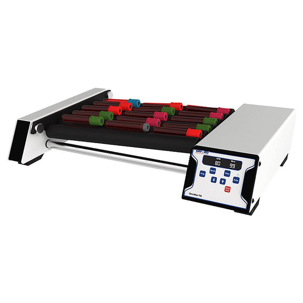 Digital tube roller by Oxford Lab Products with colorful capped test tubes.
