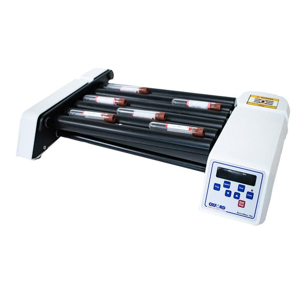 Digital tube roller by Oxford Lab Products with control panel and test tubes.