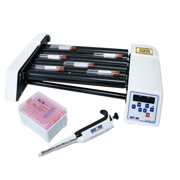 Benchmate Digital Tube Roller by Oxford Lab Products with blood collection tubes, pipette, and pipette tips.