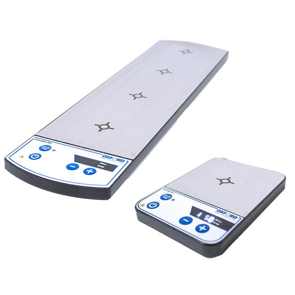 Two magnetic stirrers by Oxford Lab Products, one long and one square, shown on a white background.
