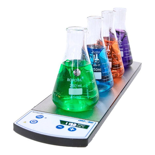 BenchMate Magnetic Stirrers by Oxford Lab Products with four Erlenmeyer flasks in green, blue, orange and purple.