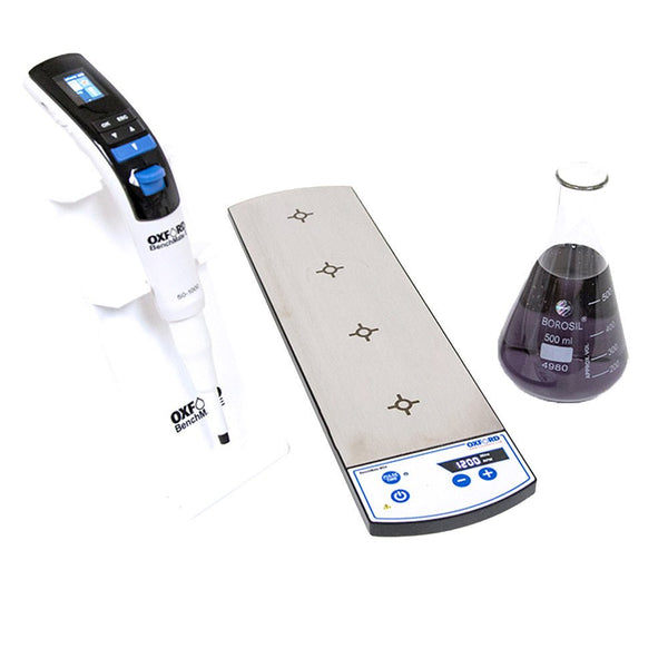 Magnetic stirrer by Oxford Lab Products with a silver platform, positioned next to a pipette and Erlenmeyer flask.