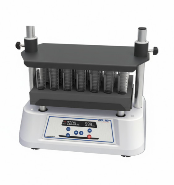 Laboratory mixer by Oxford Lab Products featuring a tube rack and digital display on a white base.