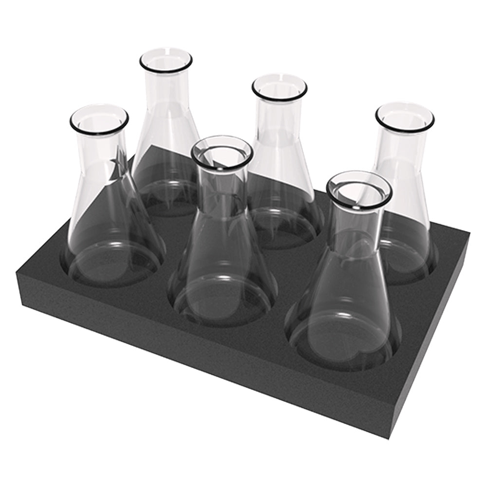 Six clear glass Erlenmeyer flasks in a black foam tray by Oxford Lab Products.